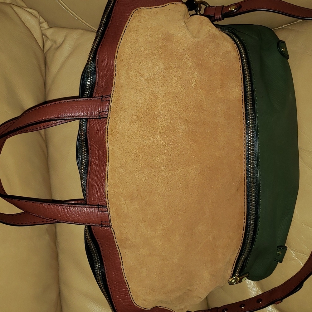 orYANY Suede and Leather Colorblock Satchel in Tan, Brown, and Green - Picture 2 of 13